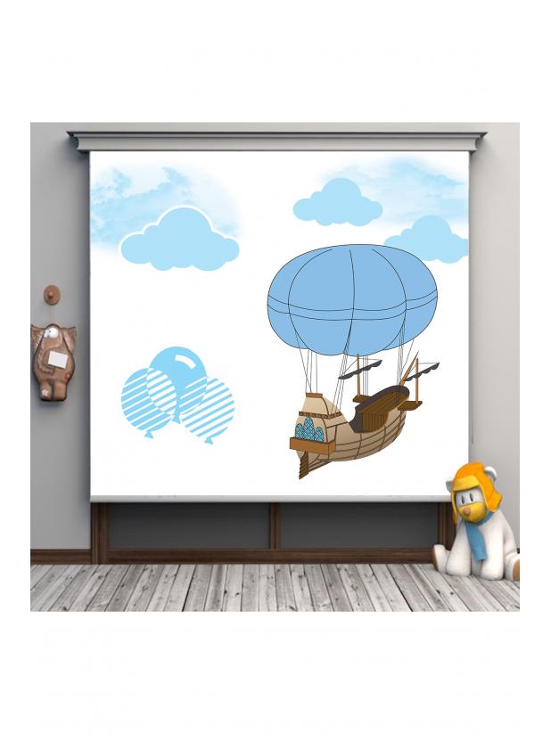 BALON GEMİ BULUT DESENLİ BASKILI BEBEK ODASI STOR PERDE SET-1005 - BALON GEMİ BULUT