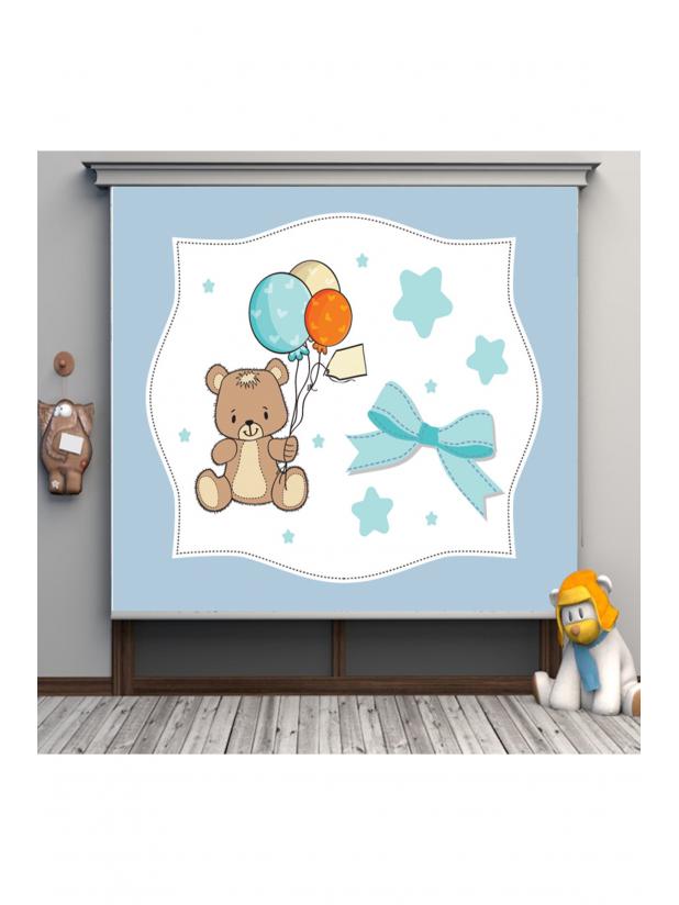 AYICIK BALON TEMALI ERKEK BEBEK ODASI BASKILI STOR PERDE SET-1013 - AYICIK BALON ERKEK