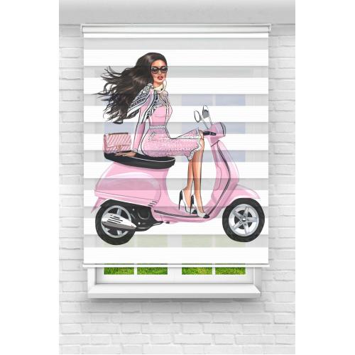 Pembe Motosikletli Kız Zebra Perde